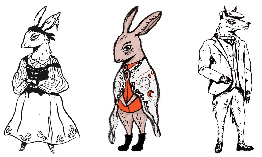 Character designs for the game 'Lost & Bound'. The characters resemble animals wearing Victorian inspired clothes.