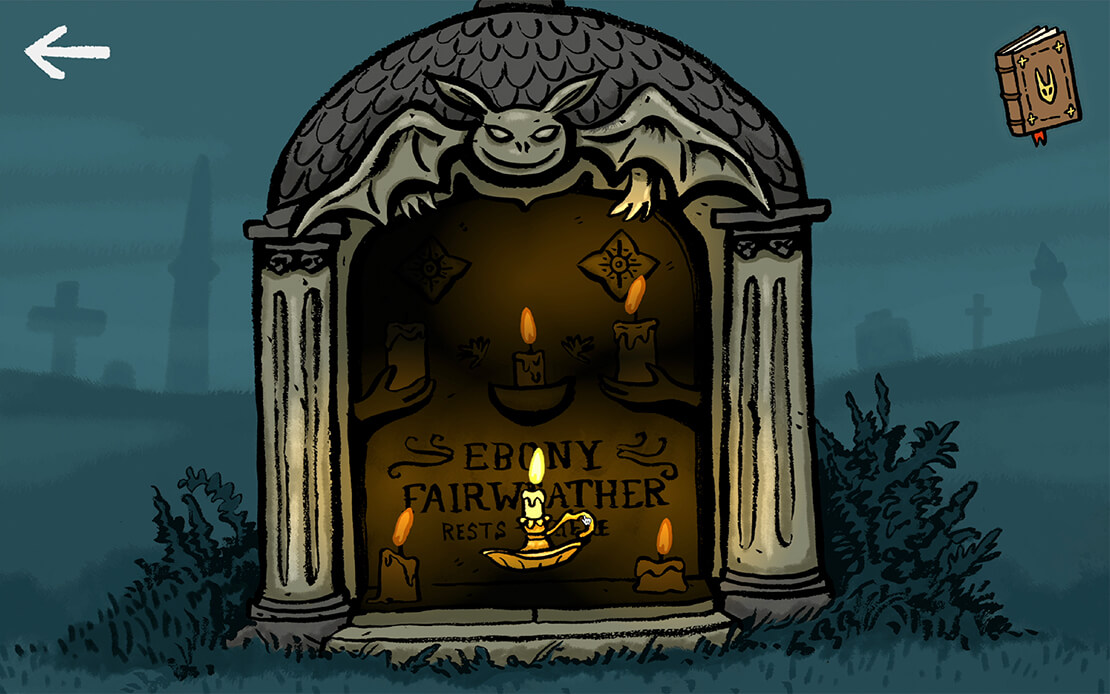 Interactive Grave Puzzle from 'Lost & Bound'. The image shows candles being lit in a tomb.