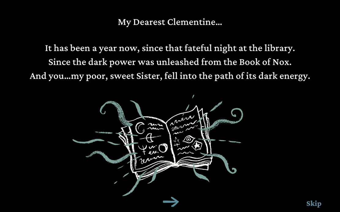 Cut scene from the introduction of the game Lost & Bound. Shows story narrative and an illustration of an evil book