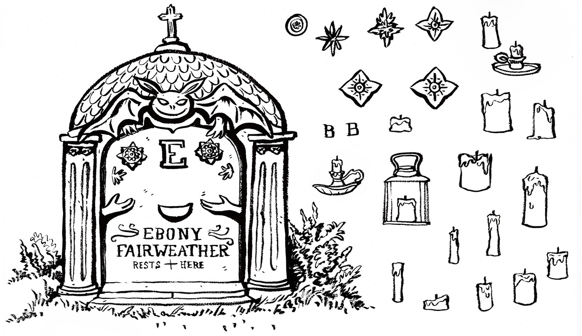 Concept sketch of a tomb and candles for the game Lost & Bound