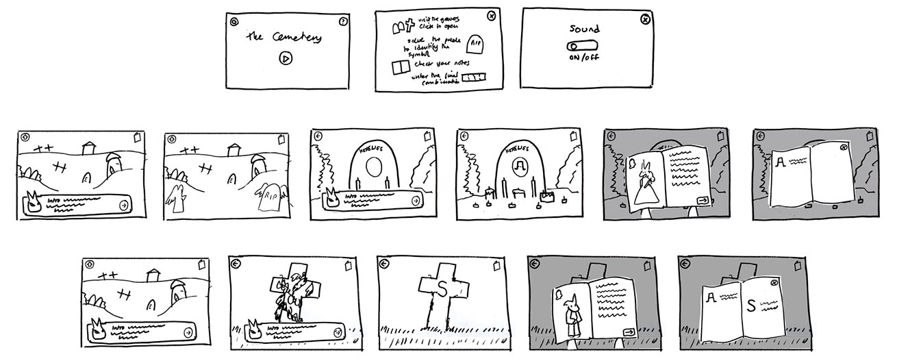Early wireframe sketches for the game Lost & Bound