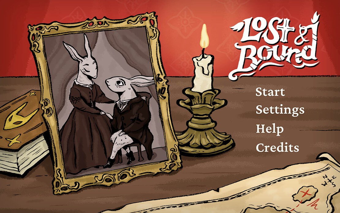 The main menu screen for the game Lost & Bound. A framed picture shows two rabbit characters looking fondly at each other. A candle flickers next to it and a map and book are just visible.